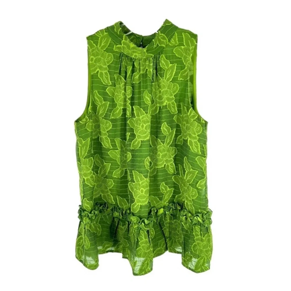 Maeve Anthropologie Savannah Embroidered Green Floral Swing Ruffle Blouse‎ Sz 2